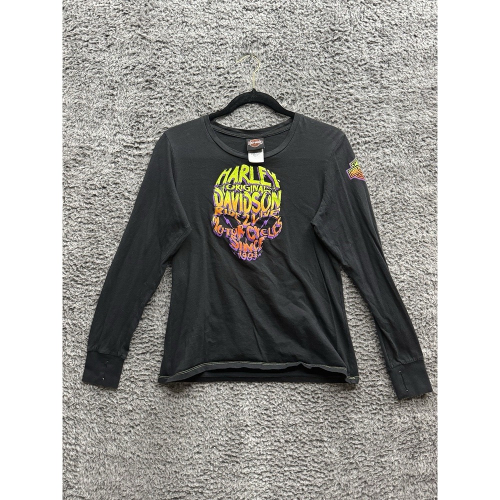 Harley Davidson Black Silverton Colorado Long Sleeve Skull Shirt Women's L